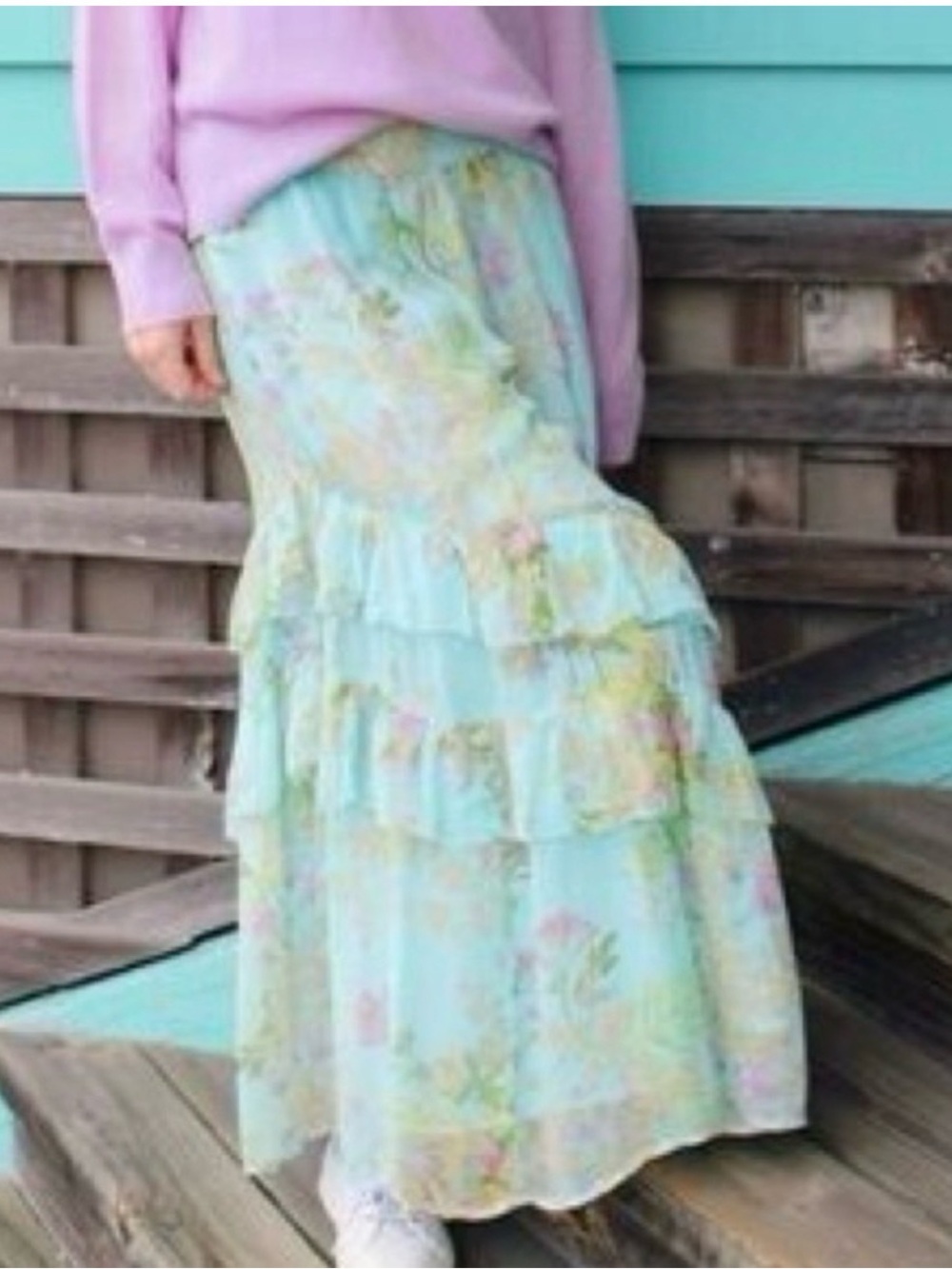 NWT Vineyard Vines Pastel Floral Tiered Maxi Skirt in Mint Blue size XL